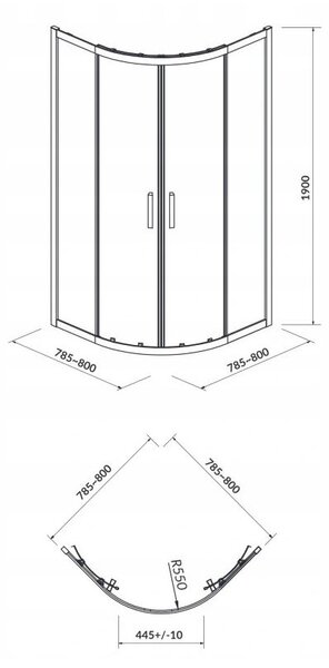 Coltar dus CERSANIT ARTECO, sfert de cerc, 80x80x190cm, crom, S157-001