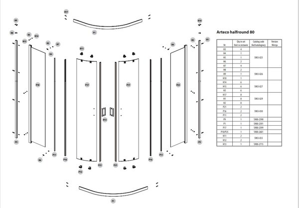 Coltar dus CERSANIT ARTECO, sfert de cerc, 80x80x190cm, crom, S157-001