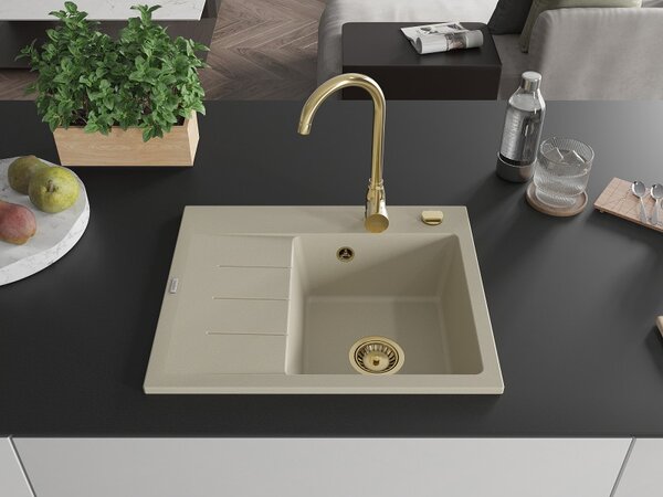 Mexen Ben, chiuveta granit cu 1 camera 600x500x190 mm, dreapta + sifon auriu, bej, 6523605000-69-G