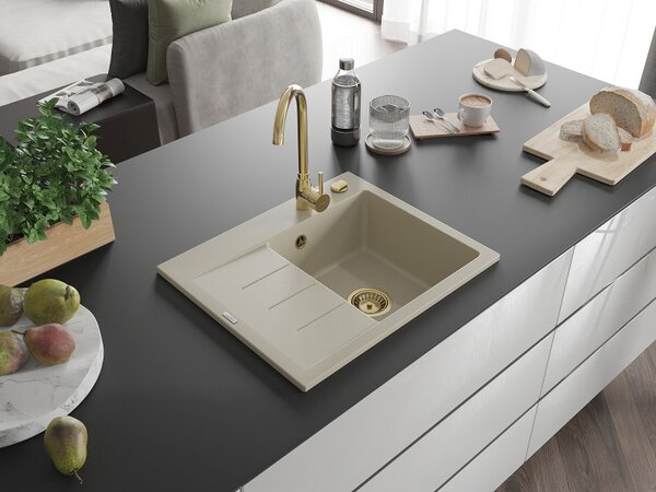 Mexen Ben, chiuveta granit cu 1 camera 600x500x190 mm, dreapta + sifon auriu, bej, 6523605000-69-G