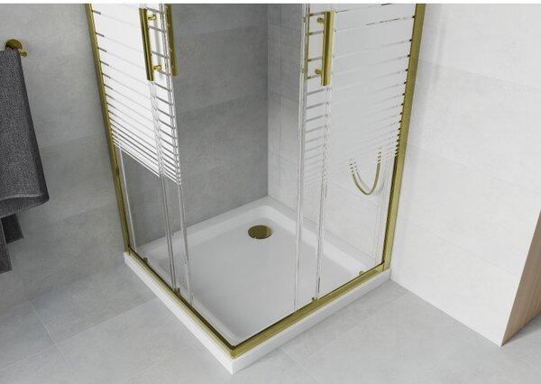 Mexen Rio, duș pătrat cu ușă glisantă 70(uşă) x 70(uşă) x 190 cm, sticlă transparentă 6mm cu benzi, profil auriu + cadă de duș SLIM albă, 860-070-070-50-20-4010G