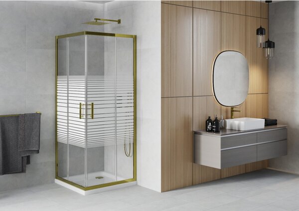 Mexen Rio, duș pătrat cu ușă glisantă 70(uşă) x 70(uşă) x 190 cm, sticlă transparentă 6mm cu benzi, profil auriu + cadă de duș SLIM albă, 860-070-070-50-20-4010G