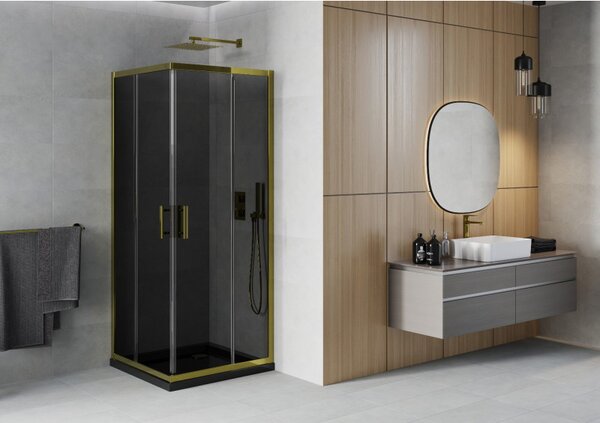 Mexen Rio, cabină de duș pătrată cu ușă glisantă 80(uşă) x 80(uşă) x 190 cm, sticlă gri 6mm, profil auriu + cadă de duș SLIM neagră, 860-080-080-50-40-4070G