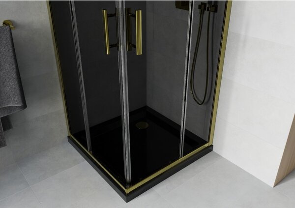Mexen Rio, cabină de duș pătrată cu ușă glisantă 80(uşă) x 80(uşă) x 190 cm, sticlă gri 6mm, profil auriu + cadă de duș SLIM neagră, 860-080-080-50-40-4070G
