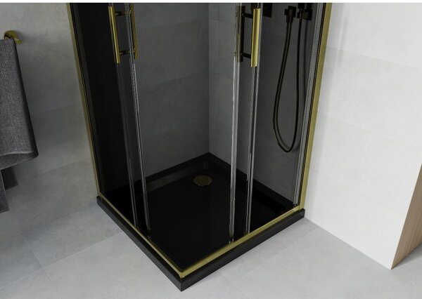 Mexen Rio, cabină de duș pătrată cu ușă glisantă 80(uşă) x 80(uşă) x 190 cm, sticlă gri 6mm, profil auriu + cadă de duș SLIM neagră, 860-080-080-50-40-4070G