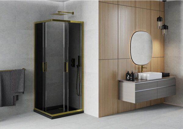 Mexen Rio, cabină de duș pătrată cu ușă glisantă 80(uşă) x 80(uşă) x 190 cm, sticlă gri 6mm, profil auriu + cadă de duș SLIM neagră, 860-080-080-50-40-4070G