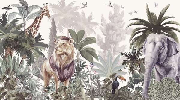 Fototapet Wallpaper cu animale și păsări, Fototapet jungle, Fototapet populare, w03537v2 - Tapeko.ro
