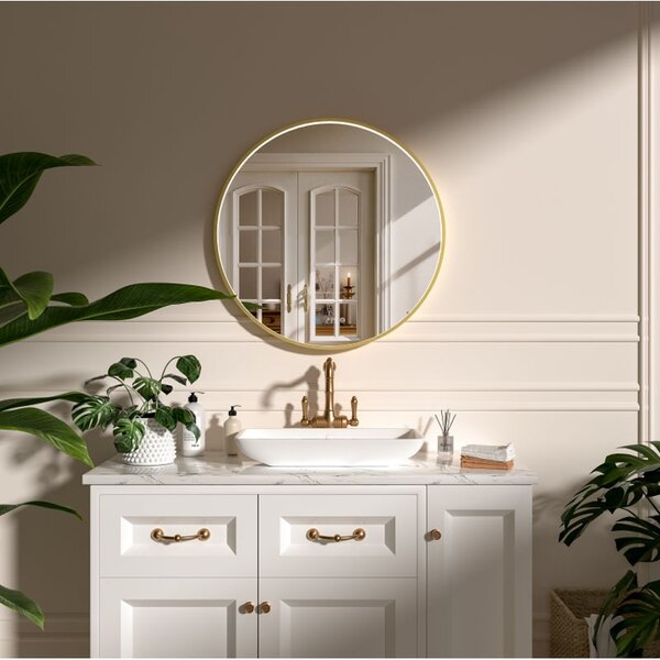 Oglindă, Fluminia Aster 70 Clock, cu led, dezaburire și ceas 70 cm, iluminare perimetrală, ramă gold