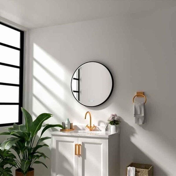 Oglindă, Fluminia Aster 70 Clock, cu led, dezaburire și ceas, 70 cm, iluminare perimetrală, ramă neagră