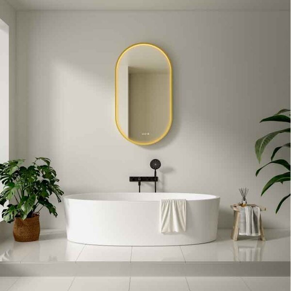 Oglindă, Fluminia Canaria 90 Clock, cu led, dezaburire și ceas, iluminare perimetrală cu difuzor acrilic, ramă gold