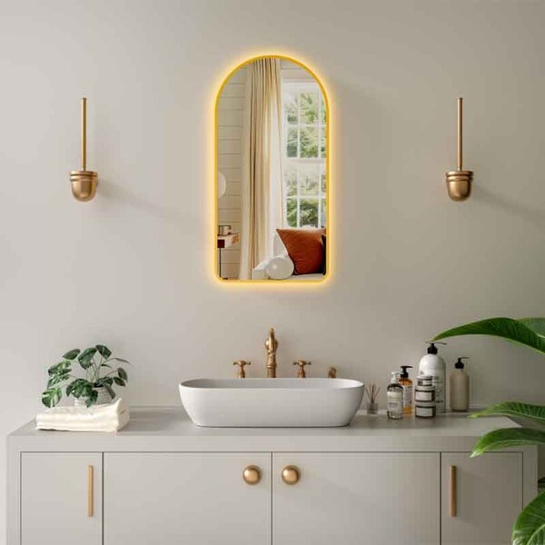 Oglindă, Fluminia Cosimo Bronze, cu led, dezaburire, ceas și bluetooth, 50x100 cm, lumină Internă și ambientala, ramă bronz