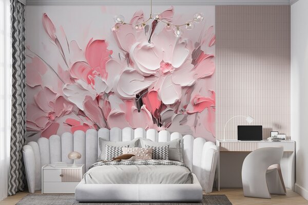 Tapet Flori volumetrice abstracte în stilul picturii în ulei, Fototapet 3D, Fototapet 3D Flori, w03582v3 : Uwalls.ro