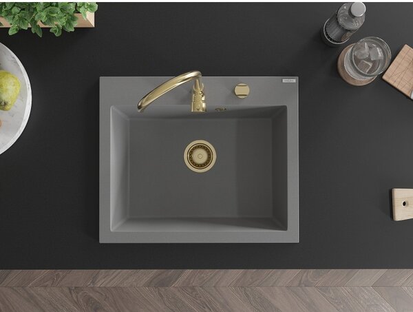 Mexen Elix, chiuvetă din granit cu 1 compartiment 600 x 500 mm, gri, sifon auriu - 6525601005-71-G