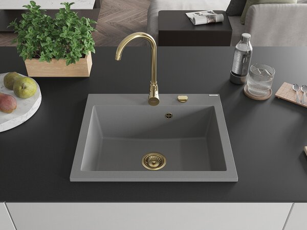 Mexen Elix, chiuvetă din granit cu 1 compartiment 600 x 500 mm, gri, sifon auriu - 6525601005-71-G