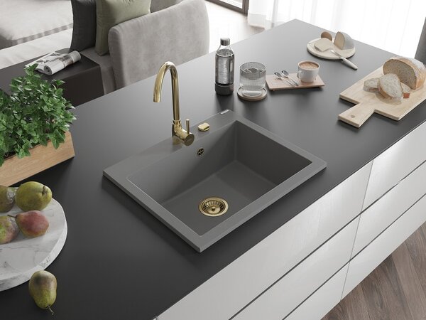 Mexen Elix, chiuvetă din granit cu 1 compartiment 600 x 500 mm, gri, sifon auriu - 6525601005-71-G