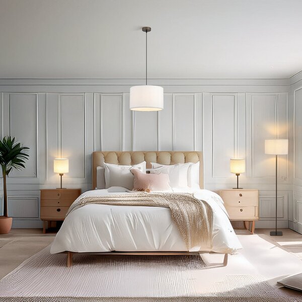 Searchlight Lampă suspendată Chelsea, maro/alb, Ø 35 cm, țesătură, reglabil, Alb, Camera de zi / sufragerie, Țesătură / Textil, Modern