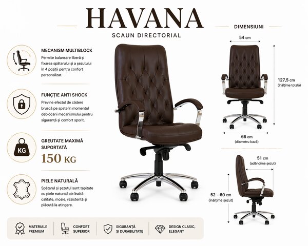 Scaun directorial HAVANA, Ocru piele naturala