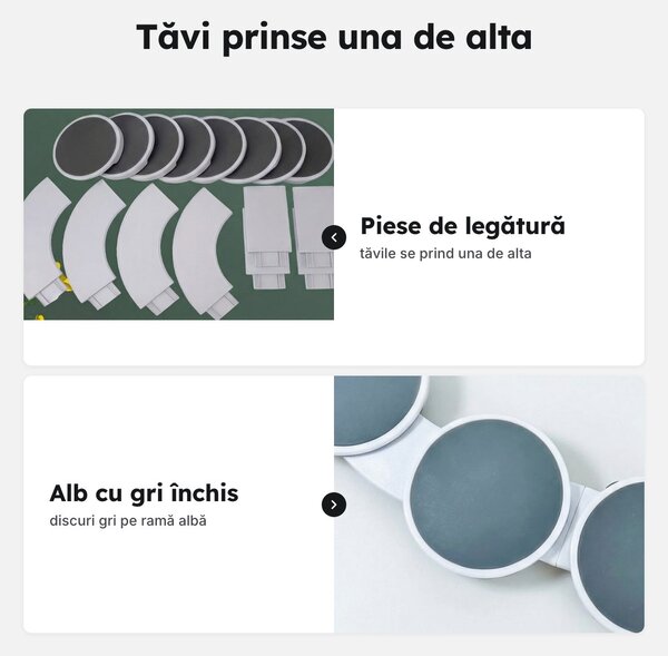 Tavă rotativă de servire pentru masă, 8 tăvi prinse în inel, 90 × 51 cm, alb cu gri