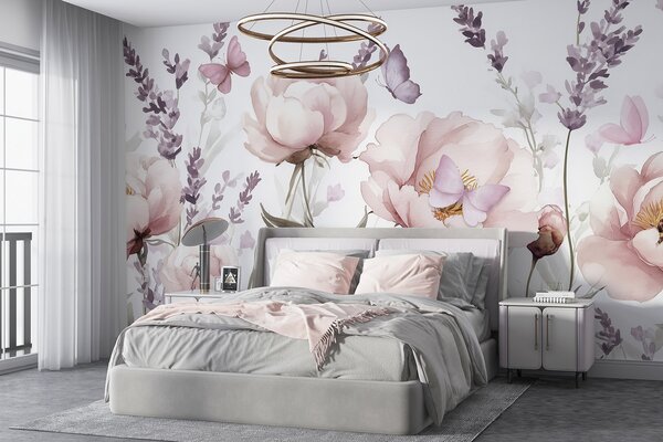 Tapet Pajiște de flori, bujori, lavandă, fluturi, stil acuarelă, culori roz, Fototapet Flori, w03668 : Uwalls.ro