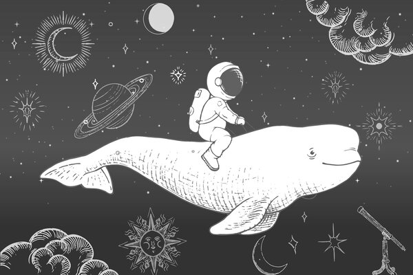 Fototapet Desenul unei persoane care călărește o balenă, Fototapet spațiu cosmic, Fototapet populare, w03687 - Tapeko.ro