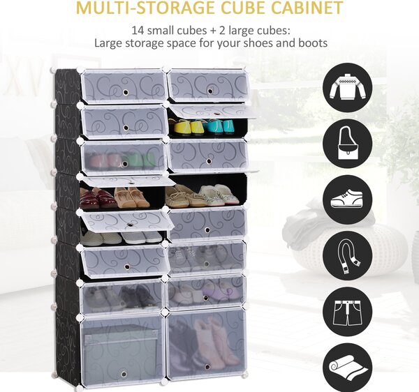 HOMCOM Organizator Pantofi Modular, 16 Cuburi, Ușor de Asamblat, Material PP, Design Modern, Alb și Negru, 95x37x160cm | Aosom Romania