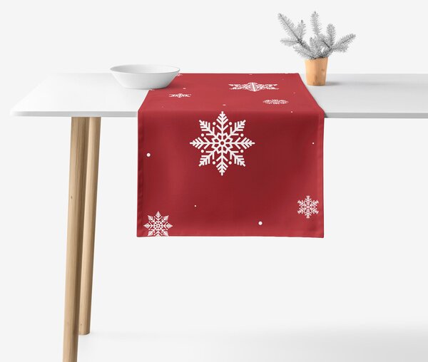 Goldea napron de masă 100% bumbac - fulgi de zăpadă pe roșu 35x140 cm