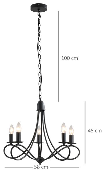 HOMCOM Lustră Suspendată Design Împletit, Candelabru Oțel cu 5 Brațe, Iluminat Elegant Sufragerie 158x45 cm, Negru | Aosom Romania