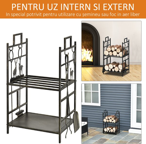 Outsunny Suport Lemne de Foc din Fier Forjat cu Instrumente pentru Semineu si Manere, Baza Suport Lemne Inaltata si Decorata, 51.5x33x77cm - Negru