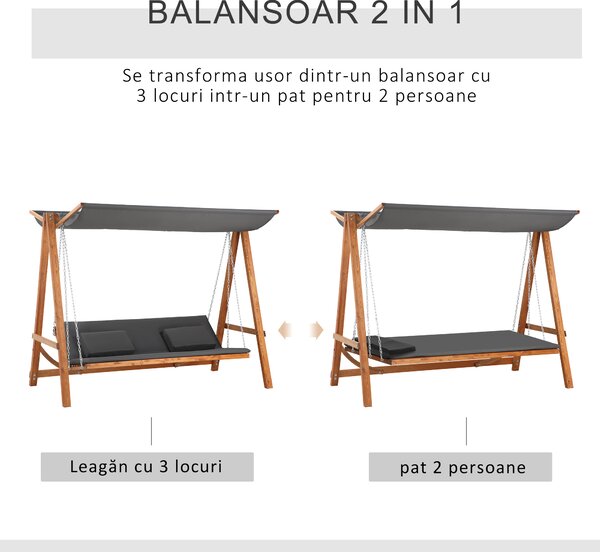 Outsunny Balansoar de Grădină pentru 3 Persoane, Design Modern cu Structură Gri și Teck, Confortabil, 225.5x113x180 cm | Aosom Romania