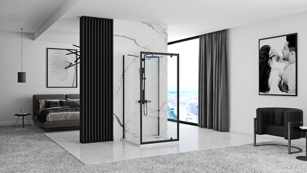 Rea Rapid Swing, cabină de duș cu 3 pereți 70 (uşă) x 80 (perete) x 195 cm, sticlă transparentă de 6 mm, profil negru, KPL-009946