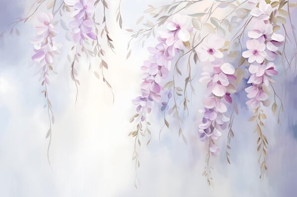 Tapet Wisteria flori cu petale liliac și frunze verzi agățat de ramuri, culori pastelate moi, fundal colorat, Fototapet Flori, w09010 : Uwalls.ro