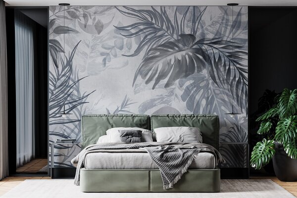 Tapet Monstera și frunze de palmier în nuanțe de albastru și gri, botanică, frunze, Fototapet pădure, Fototapet Tropics, w09011v1 : Uwalls.ro