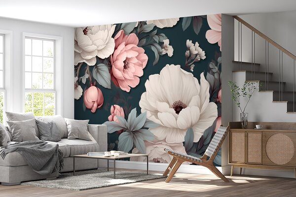 Fototapet Model floral cu flori albe și roz, Fototapet flori, Fototapet populare, w09017 - Tapeko.ro