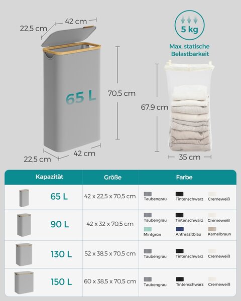 Cos de rufe Songmics Gri 42x22.5x70.5 cm