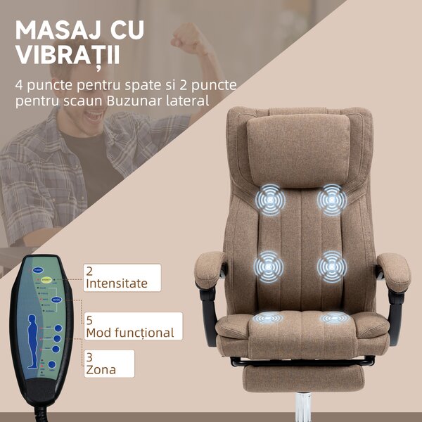 Vinsetto Scaun Rabatabil pentru Birou cu 6 Puncte și 5 Moduri de Masaj, Tetieră și Telecomandă, 65x61x105-113 cm, Maro | Aosom Romania