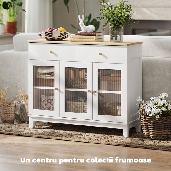 HOMCOM Bufet Bucătărie cu 2 Dulapuri și 2 Sertare, Uși din Sticlă Securizată Canelată, Bufet Sufragerie cu Rafturi Ajustabile, pentru Living sau Sufragerie, 100x35x80.3 cm, Alb și Stejar | Aosom Romania