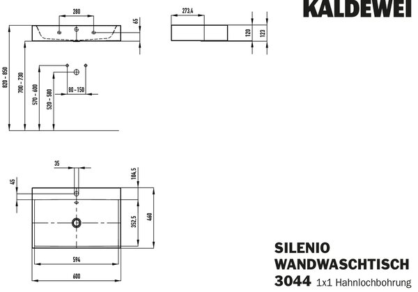 Kaldewei Silenio lavoar 60x46 cm dreptunghiular clasică alb luciu 904306013001