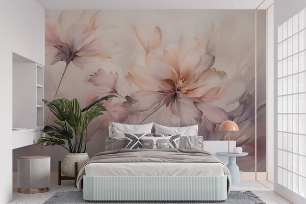 Tapet O artă florală delicată cu flori mari de culoare pastel cu petale translucide, tulpini moi și un, Fototapet Acuarelă, w09050 : Uwalls.ro