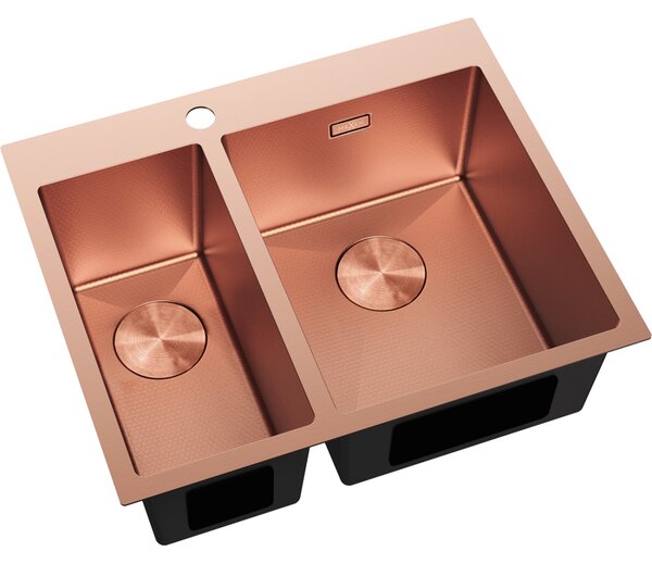 Chiuvetă Mexen Flexo din oțel inoxidabil cu 1,5 compartimente, 610 x 510 mm, cupru periat, model fagure, 6446611500-65HC
