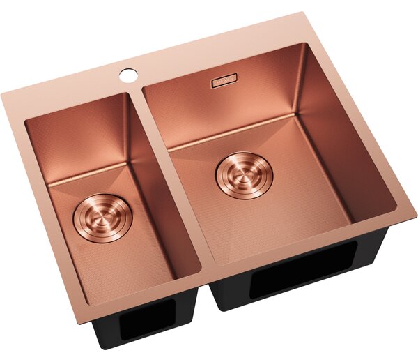 Chiuvetă Mexen Flexo din oțel inoxidabil cu 1,5 compartimente, 610 x 510 mm, cupru periat, model fagure, 6446611500-65HC