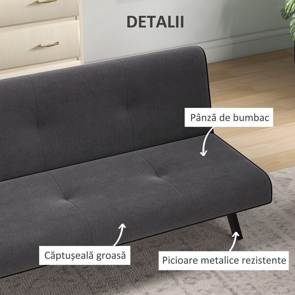 HOMCOM Canapea Extensibilă cu Spătar Reglabil în 3 Poziții și Șezut Tapițat, 170x76x72.5 cm, Gri | Aosom Romania