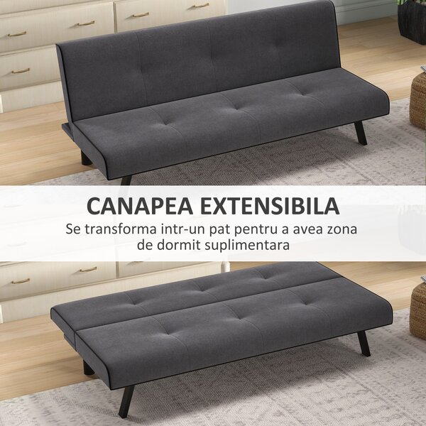 HOMCOM Canapea Extensibilă cu Spătar Reglabil în 3 Poziții și Șezut Tapițat, 170x76x72.5 cm, Gri | Aosom Romania
