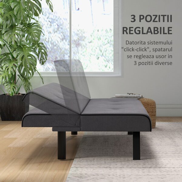 HOMCOM Canapea Extensibilă cu Spătar Reglabil în 3 Poziții și Șezut Tapițat, 170x76x72.5 cm, Gri | Aosom Romania