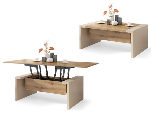 Mazzoni SPACE Stejar Artisan/Bej (Șampanie) - MĂSUȚĂ EXTENSIBILĂ CU RIDICAREA BLATULUI MĂSUȚĂ DE CAFEA