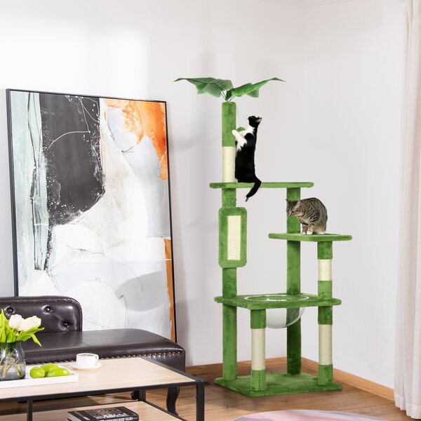 PawHut Ansamblu de Joacă pentru Pisici Multietajat cu Hamac, Stâlp de Zgâriat și Minge, 49x49x142 cm, Verde | Aosom Romania