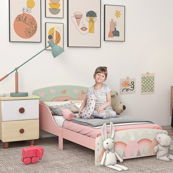 ZONEKIZ Pat pentru Copii 3-6 Ani cu Margini Înălțate și Model cu Animale, 77x143x60 cm, Roz | Aosom Romania