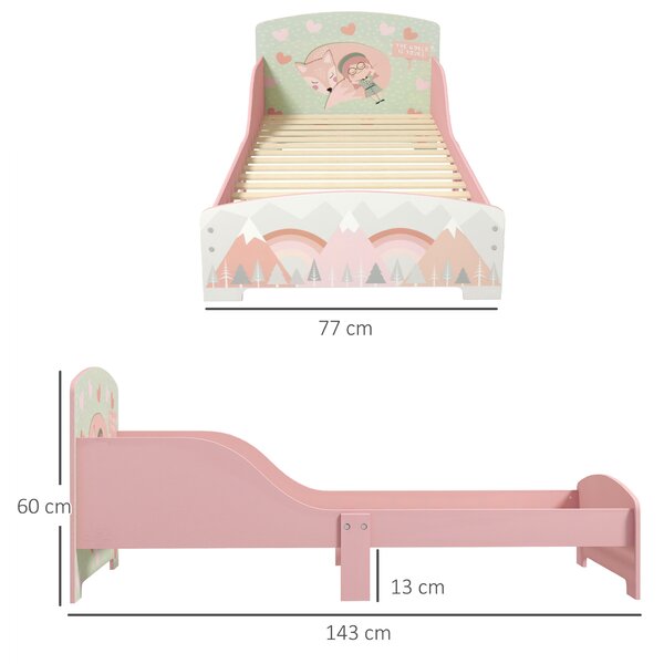 ZONEKIZ Pat pentru Copii 3-6 Ani cu Margini Înălțate și Model cu Animale, 77x143x60 cm, Roz | Aosom Romania