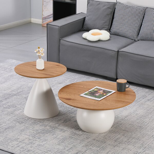 Masuta De Cafea Set 2 Bucati Celora Alb Metal- MDF Nuanta Naturala