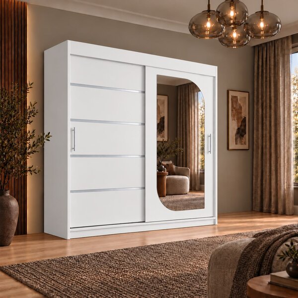 Dressing Alkam 2 usi -argintiu, 180x60x200cm, cu oglinda, Alb, Pal 18 mm