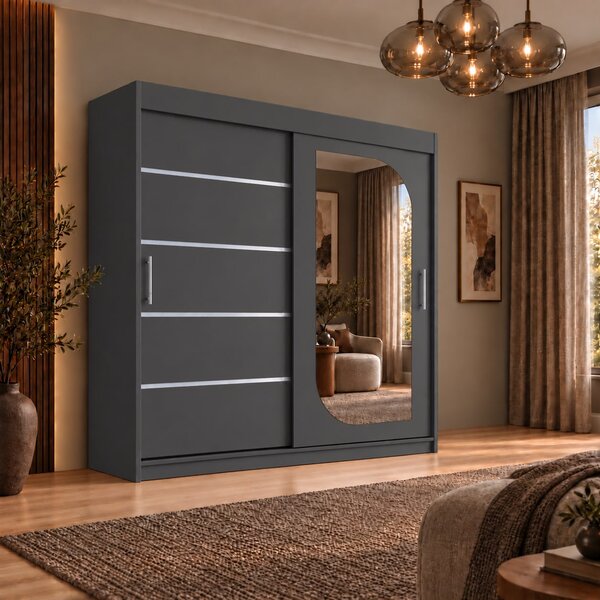 Dressing Alkam 2 usi -argintiu, 180x60x200cm, cu oglinda, Antracit, Pal 18 mm